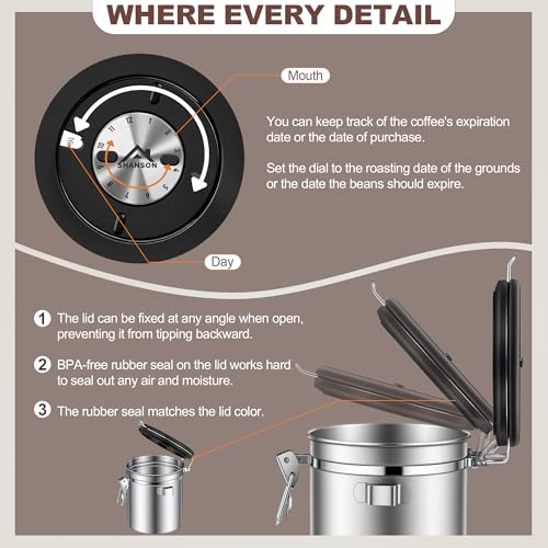 ShanSon Coffee Canister Airtight, Stainless Steel Bean Storage Container with Date Tracker & Scoop, Grounds Sugar Flour Tea Cereal Fits Kitchen Pantry, Ideal Gift for Coffee Lovers,16oz,Silver - Image 5