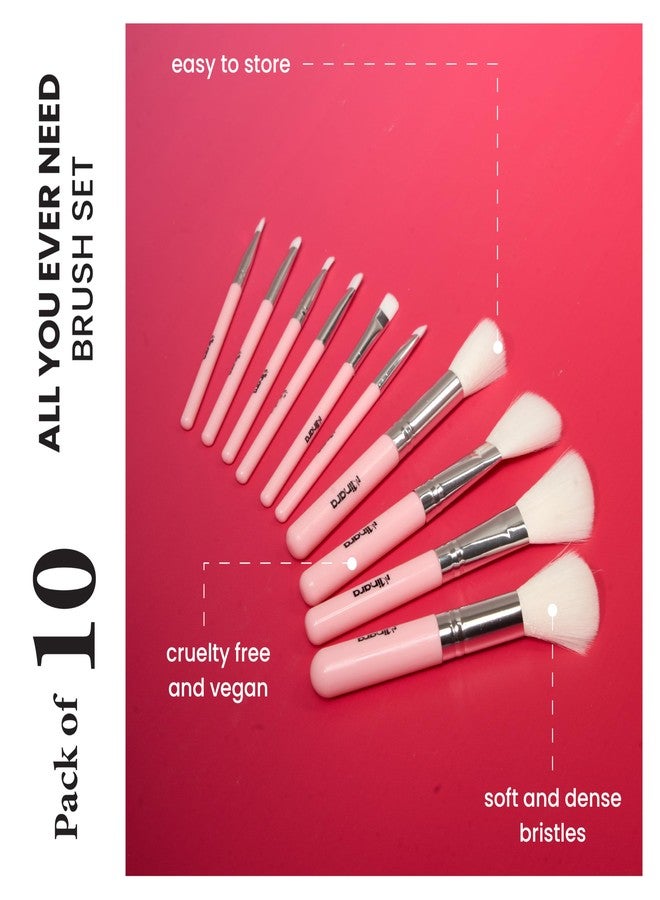 Minara Makeup Brush Set Of 10 With Easy To Carry Pouch (Pink) | Travel Size Cosmetic Brushes Kit For Face Foundation Brush Eyeshadow With Storage | Makeup Pouch For Women | - Image 3
