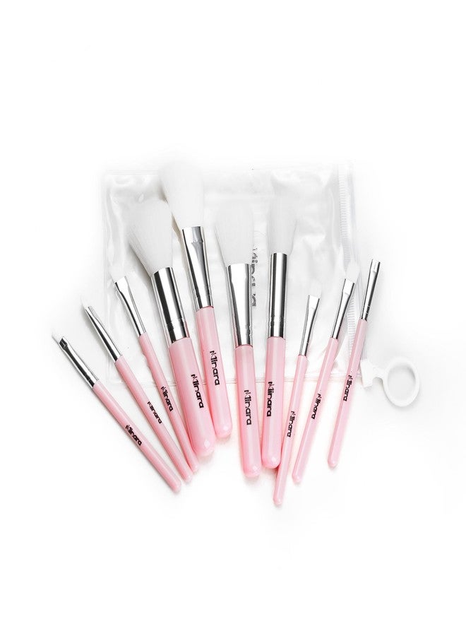 Minara Makeup Brush Set Of 10 With Easy To Carry Pouch (Pink) | Travel Size Cosmetic Brushes Kit For Face Foundation Brush Eyeshadow With Storage | Makeup Pouch For Women | - Image 1