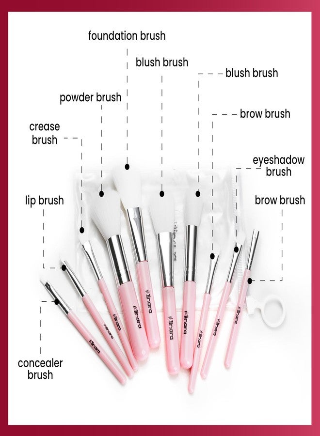 Minara Makeup Brush Set Of 10 With Easy To Carry Pouch (Pink) | Travel Size Cosmetic Brushes Kit For Face Foundation Brush Eyeshadow With Storage | Makeup Pouch For Women | - Image 5