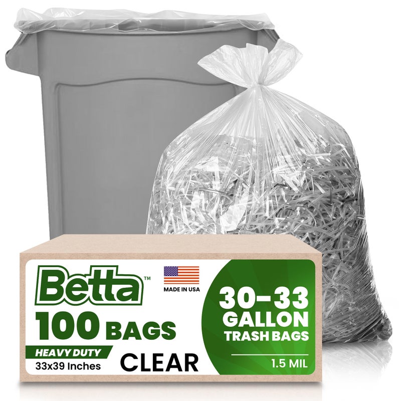 Betta 30-33 Gallon Clear Trash Bags, 100 Count Box, (33x39-inch) Commercial Heavy-Duty Garbage Can Liners for 20-32 Gallon Round Cans, 23-29 Gallon Slim and Square Cans - Image 1