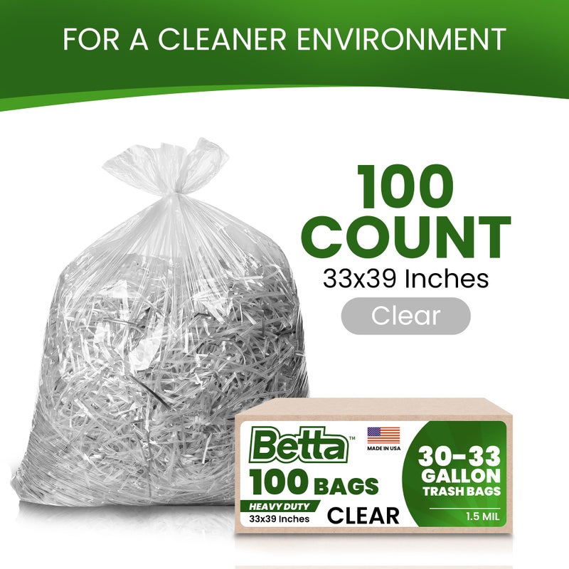 Betta 30-33 Gallon Clear Trash Bags, 100 Count Box, (33x39-inch) Commercial Heavy-Duty Garbage Can Liners for 20-32 Gallon Round Cans, 23-29 Gallon Slim and Square Cans - Image 2