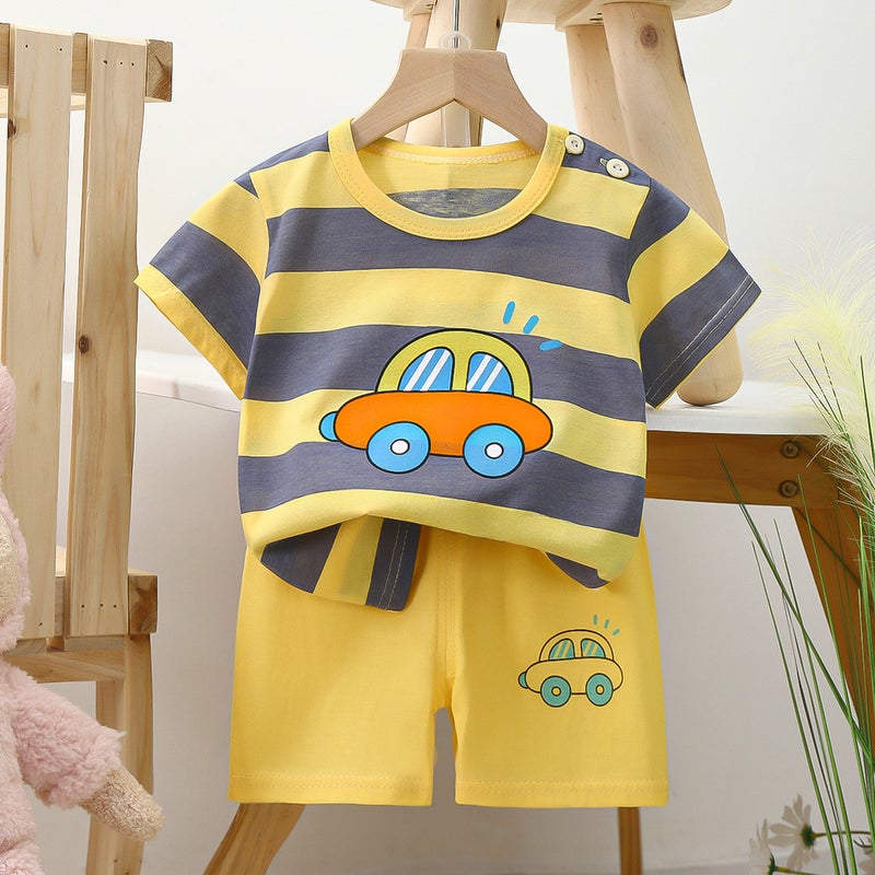 Kids Cotton Short Sleeve Home Set Yellow Strip Car 