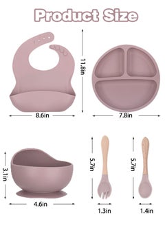 Sharpdo Silicone Baby Tableware Set, 5 Piece Baby Feeding Set with Suction Bowl and Divided Plate, Wooden Spoon and Fork, Toddler  Led Weaning Supplies with Adjustable Soft Silicone Bib  - Image 2