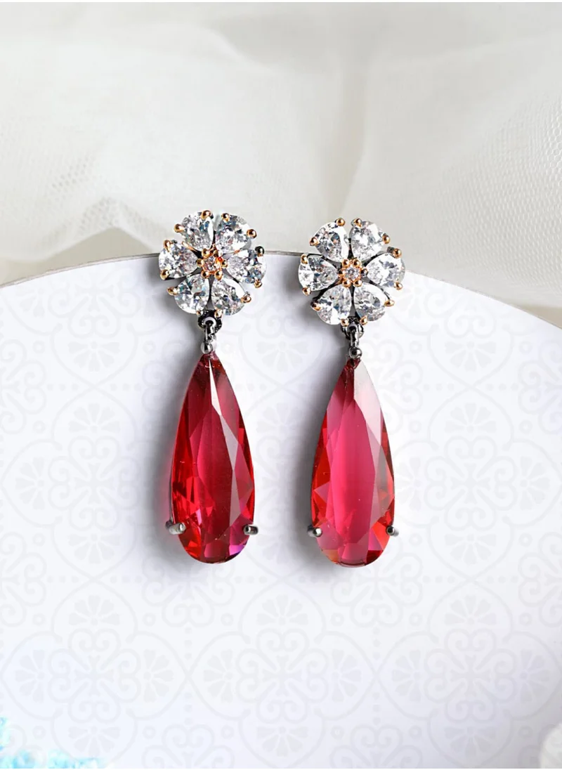 Priyaasi Pink  White Teardrop Shaped Drop Earrings