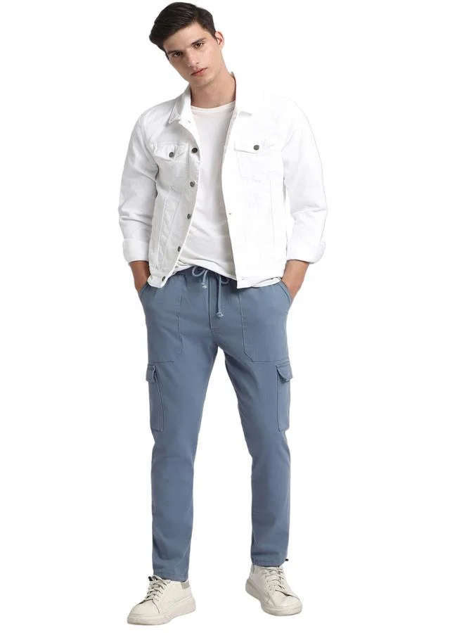 Slim Fit Steel Blue Men's Cotton Lycra Solid Cargo Trouser, Mid Rise, Full Length, Casual
