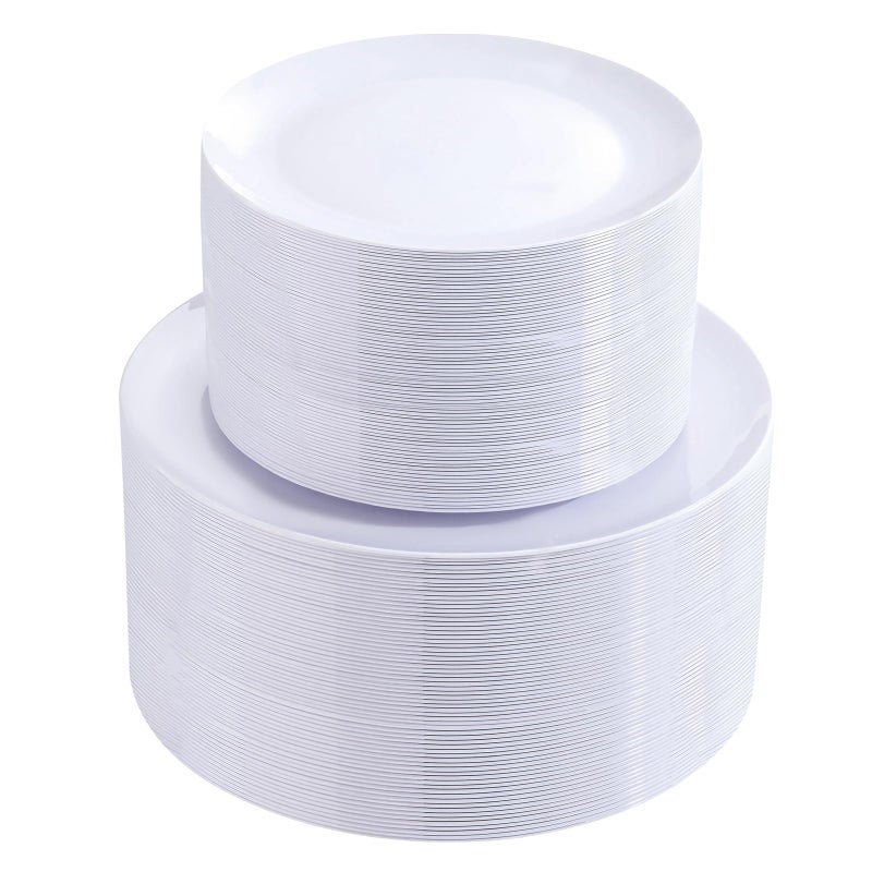 bUCLA 100PCS White Plastic Plates - Heavy Duty White Disposable for Wedding & Party, Include 50 Dinner 10 inch & 50 Dessert 7 inch - Image 1