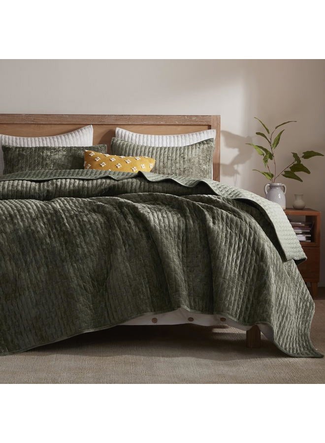 LEAONME Oversized King Quilt 120''x120'', Lightweight Olive Green Velvet Comforter Set with 2 Matching Shams, Soft Cross Stitch Bedspread Coverlet, Oversized King Bedding Set for All Season - Image 1