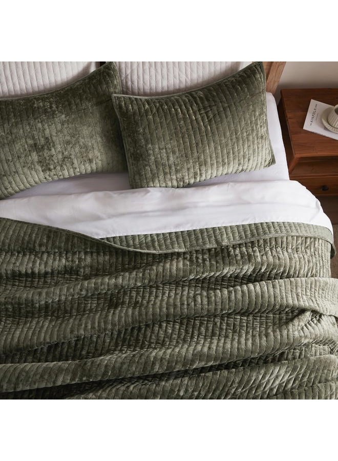 LEAONME Oversized King Quilt 120''x120'', Lightweight Olive Green Velvet Comforter Set with 2 Matching Shams, Soft Cross Stitch Bedspread Coverlet, Oversized King Bedding Set for All Season - Image 4