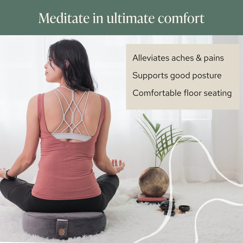 Mindful Modern Mindful & Modern Velvet Meditation Cushion | Luxe Zafu Yoga Floor Pillow Seat | Posture Support | Buckwheat Hull Filled | Large Round Cushion with Removable Washable Cover + Carry Handle | Color Grey - Image 2