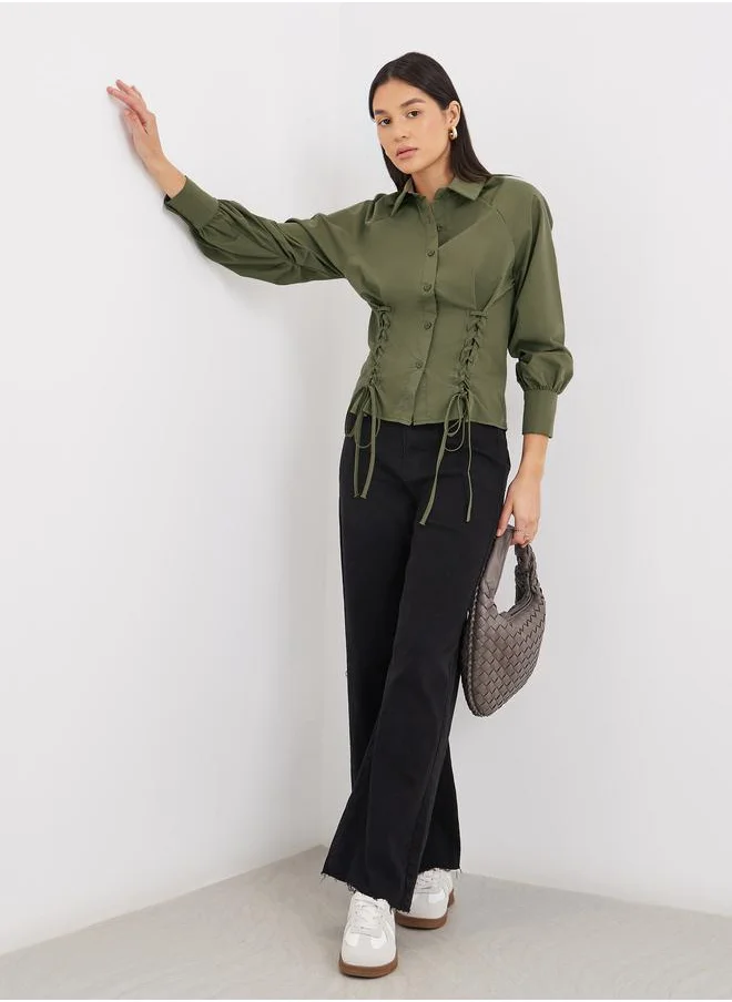 ستايلي Styli Lace Up Detail Raglan Sleeve Buttoned Shirt