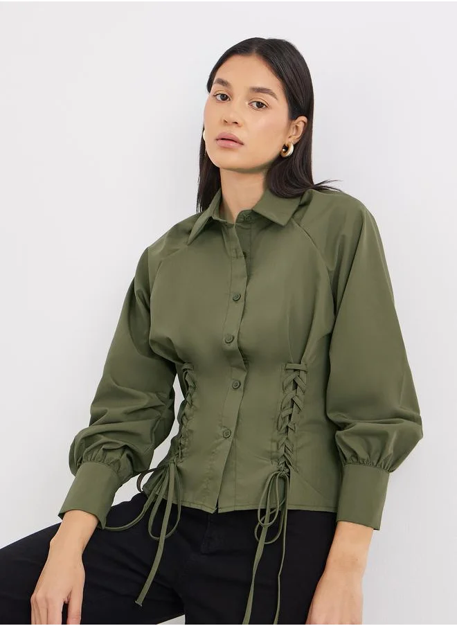 ستايلي Styli Lace Up Detail Raglan Sleeve Buttoned Shirt