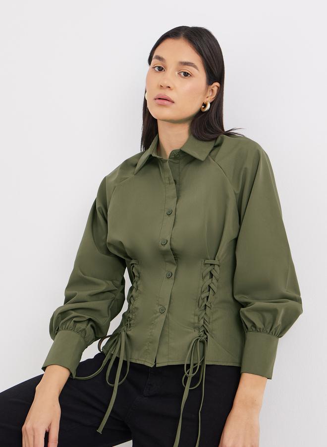 Styli Lace Up Detail Raglan Sleeve Buttoned Shirt - Image 3
