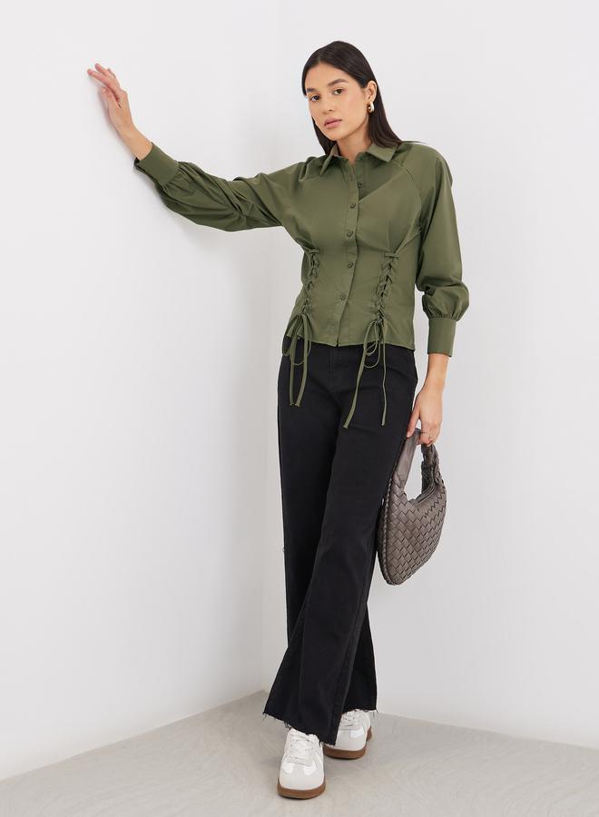 Styli Lace Up Detail Raglan Sleeve Buttoned Shirt - Image 2