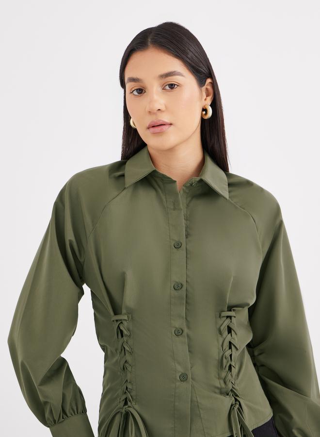 Styli Lace Up Detail Raglan Sleeve Buttoned Shirt - Image 1