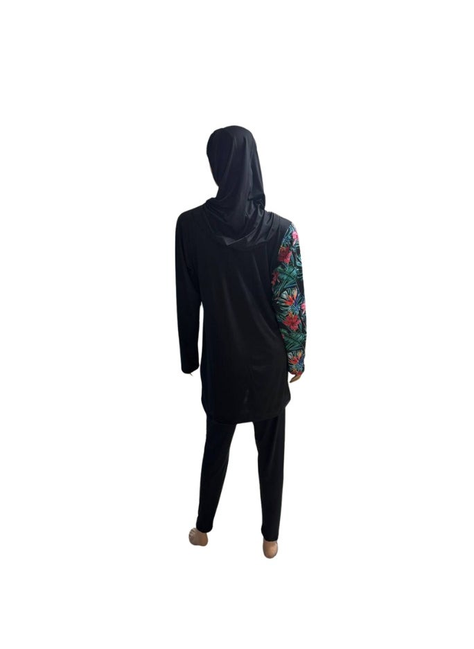 سول سوافا - ملابس سباحة نسائية متواضعة مقاومة للماء بوركيني مع غطاء كامل للحجاب وأكمام طويلة 3 قطع ملابس بوركيني إسلامية مع طباعة زهرة زنبق الأروم. - Image 1