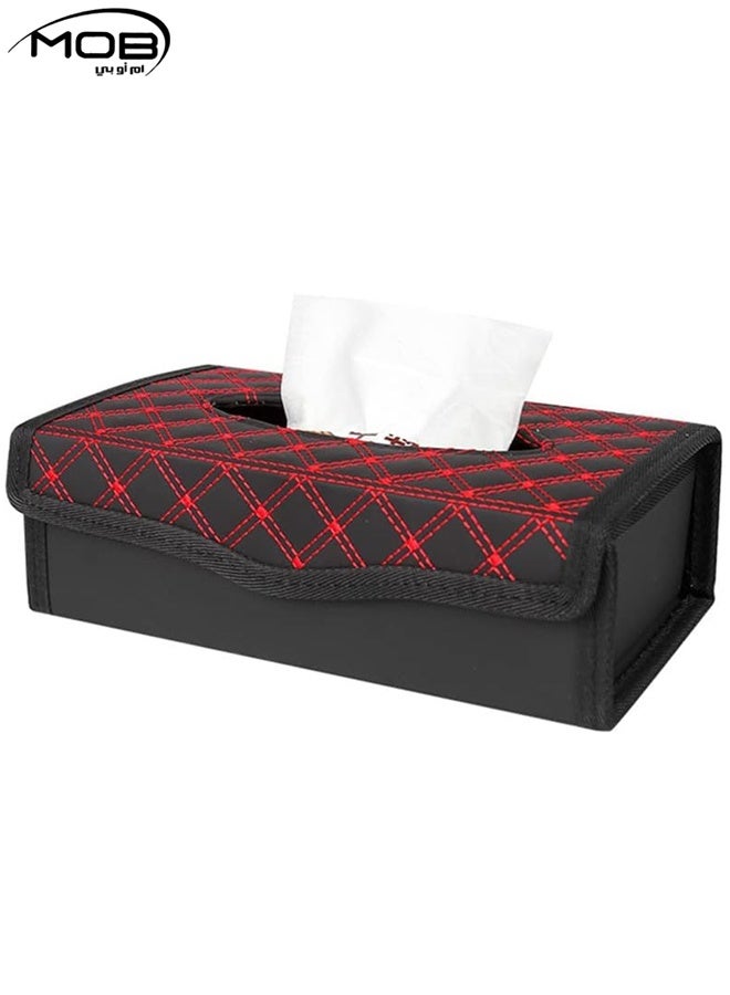 MOB Luxury PU Leather Car Tissue Box Cover - Black with Diamond Quilted Red Contrast Stitching - Console & Dashboard Napkin Holder - Image 1