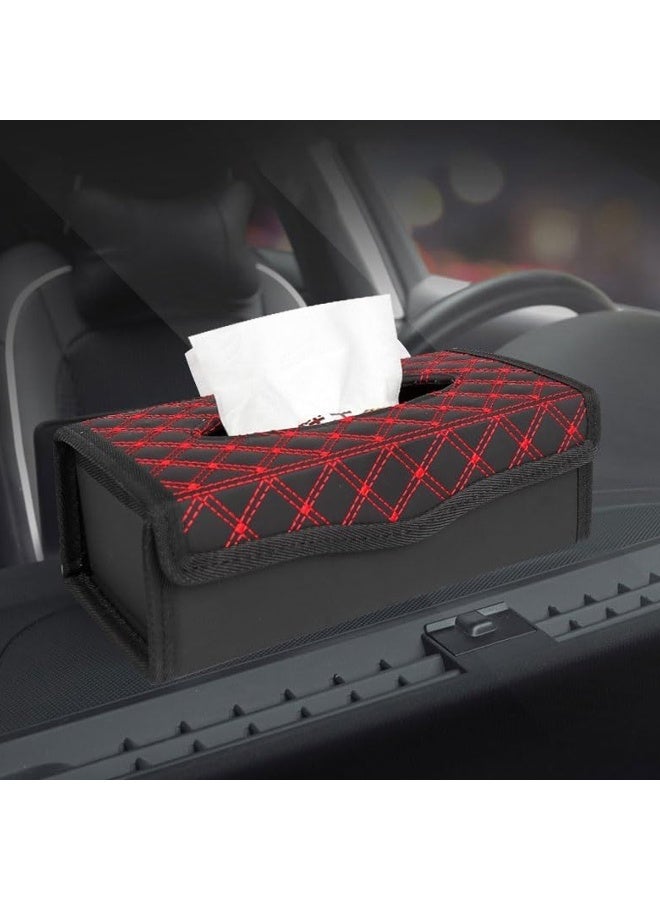 MOB Luxury PU Leather Car Tissue Box Cover - Black with Diamond Quilted Red Contrast Stitching - Console & Dashboard Napkin Holder - Image 4