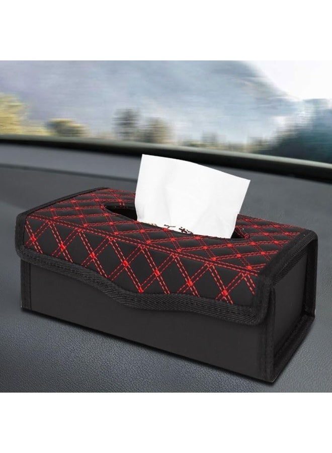 MOB Luxury PU Leather Car Tissue Box Cover - Black with Diamond Quilted Red Contrast Stitching - Console & Dashboard Napkin Holder - Image 5