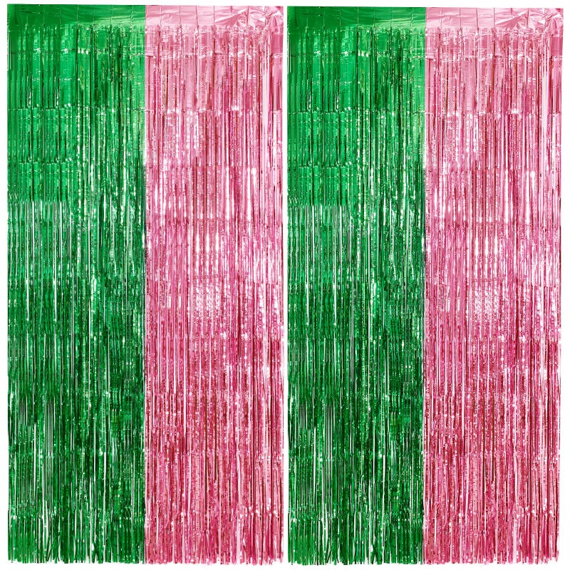 Vagilelf 2 Pack Pink And Green Party Decorations Tinsel Foil Fringe Backdrop 3.3X6.6  Wicked Party & Halloween Streamer  Durable Metallic Tassel Create Photo Booth & Entrance - Image 1
