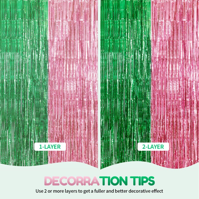 Vagilelf 2 Pack Pink And Green Party Decorations Tinsel Foil Fringe Backdrop 3.3X6.6  Wicked Party & Halloween Streamer  Durable Metallic Tassel Create Photo Booth & Entrance - Image 4