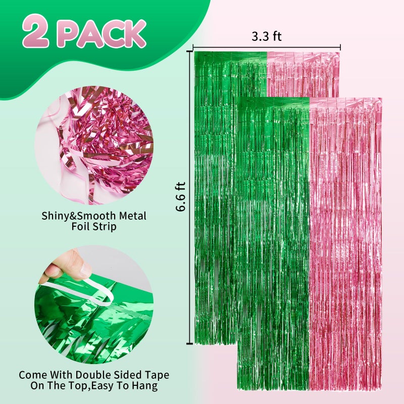 Vagilelf 2 Pack Pink And Green Party Decorations Tinsel Foil Fringe Backdrop 3.3X6.6  Wicked Party & Halloween Streamer  Durable Metallic Tassel Create Photo Booth & Entrance - Image 2