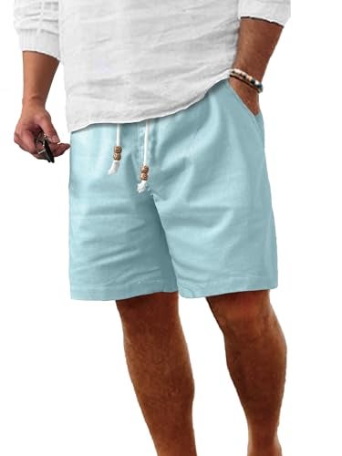 Comdecevis Men's Linen Shorts Casual Elastic Waist Drawstring Summer Beach Vacation Yoga Golf Shorts with Pockets Large Cyan Blue - Image 1