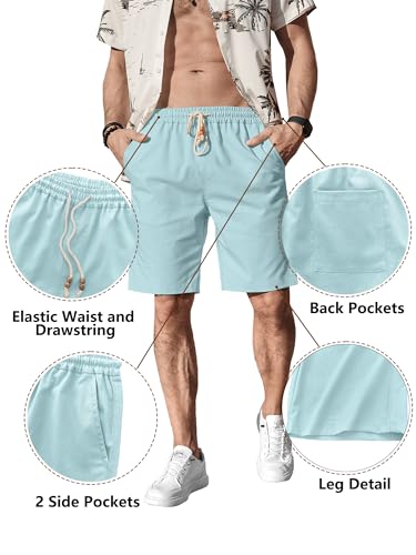 Comdecevis Men's Linen Shorts Casual Elastic Waist Drawstring Summer Beach Vacation Yoga Golf Shorts with Pockets Large Cyan Blue - Image 3