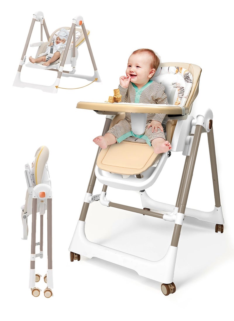 AL-WAHA AL-ZHABIA Baby High Chair | 5-Level Adjustable Foldable High Chair with Wheels & Double Trays | 4-Position Reclining Seat & 3-Stage Footrest | Safe Feeding Chair for Infants 6M-3 Years  - Image 1