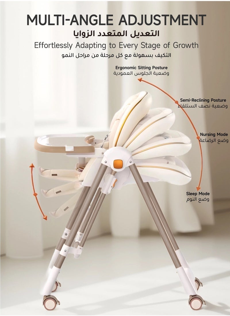 AL-WAHA AL-ZHABIA Baby High Chair | 5-Level Adjustable Foldable High Chair with Wheels & Double Trays | 4-Position Reclining Seat & 3-Stage Footrest | Safe Feeding Chair for Infants 6M-3 Years  - Image 3