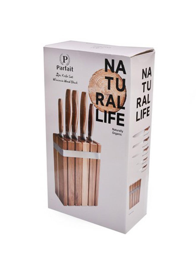 PARFAIT Kitchen Knife Set with Acacia Wood Block Silver and Brown 36 x 9 x 20 cm A465BA3039-00929 - Image 2