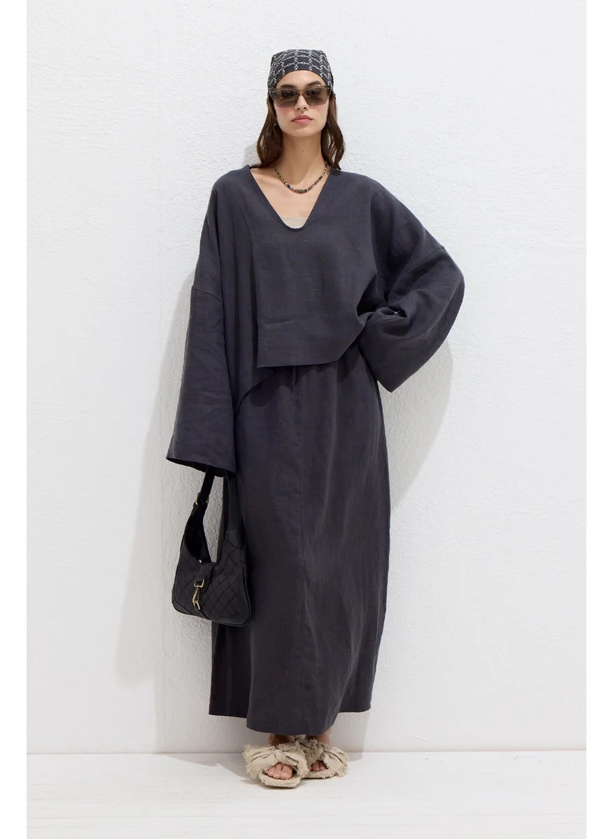 Manuka Premium V-Neck Linen Blouse Anthracite