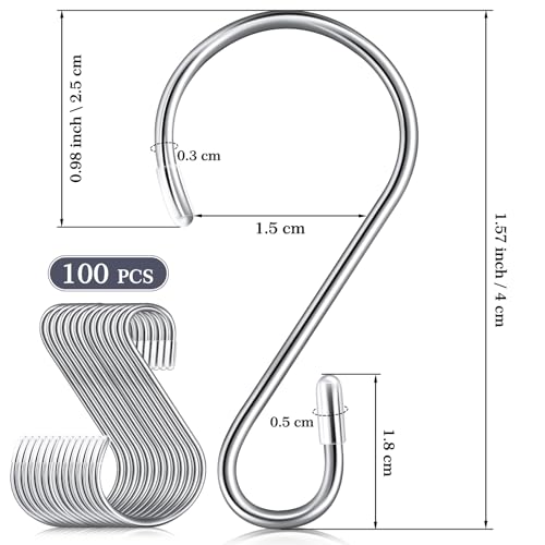 Hotop 100 Pcs S Hooks for Hanging 157 Inch Stainless Steel Hooks Metal Curtain Hook Pan Pot Holder Rack for Hanging Pot Pan Cups Plants Bags Jeans Towels Silver - Image 3