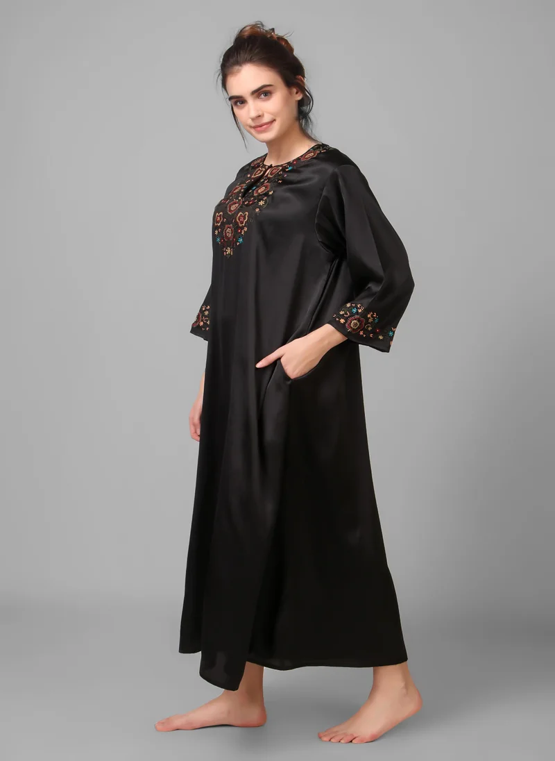 After Dark Boho Chic, Hand embroidered Black Kaftan dress