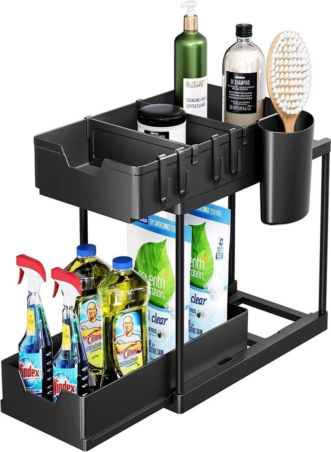 CARTSHOPPER Under Sink Organizers,Expandable Cabinet Shelf Organizer 2 Tier Under Storage Rack with Removable Panels,Multi-Use for Under Kitchen Bathroom Sink Organizers and Storage (Black) - Image 1