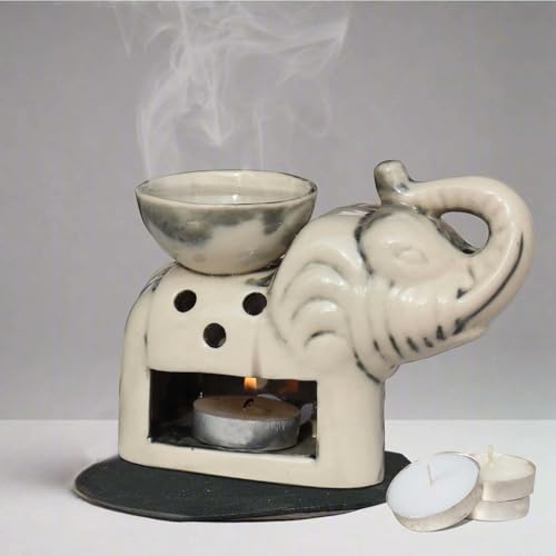 Pure Source India Ceramic Elephant Aroma Oil Burner – Essential Oil Diffuser with Tealight Candle Holder for Home Fragrance, Diwali Gifting, Meditation & Decoration (White) - Image 2