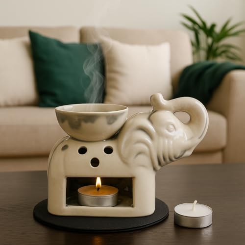 Pure Source India Ceramic Elephant Aroma Oil Burner – Essential Oil Diffuser with Tealight Candle Holder for Home Fragrance, Diwali Gifting, Meditation & Decoration (White) - Image 1