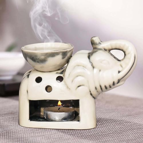 Pure Source India Ceramic Elephant Aroma Oil Burner – Essential Oil Diffuser with Tealight Candle Holder for Home Fragrance, Diwali Gifting, Meditation & Decoration (White) - Image 4