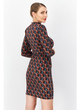 promod Women Allover Print Mini Dress, Brown Combo  - Image 2