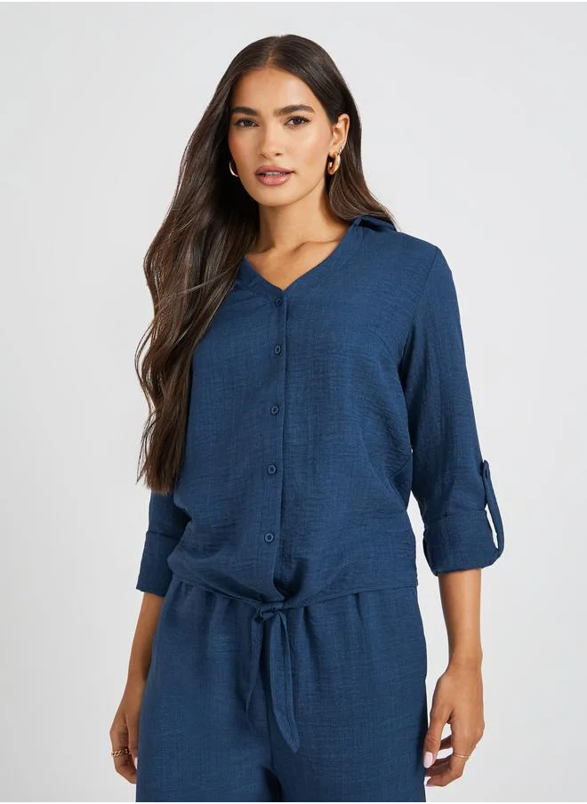 ستايلي Styli Solid V-Neck Buttoned Regular Fit Shirt