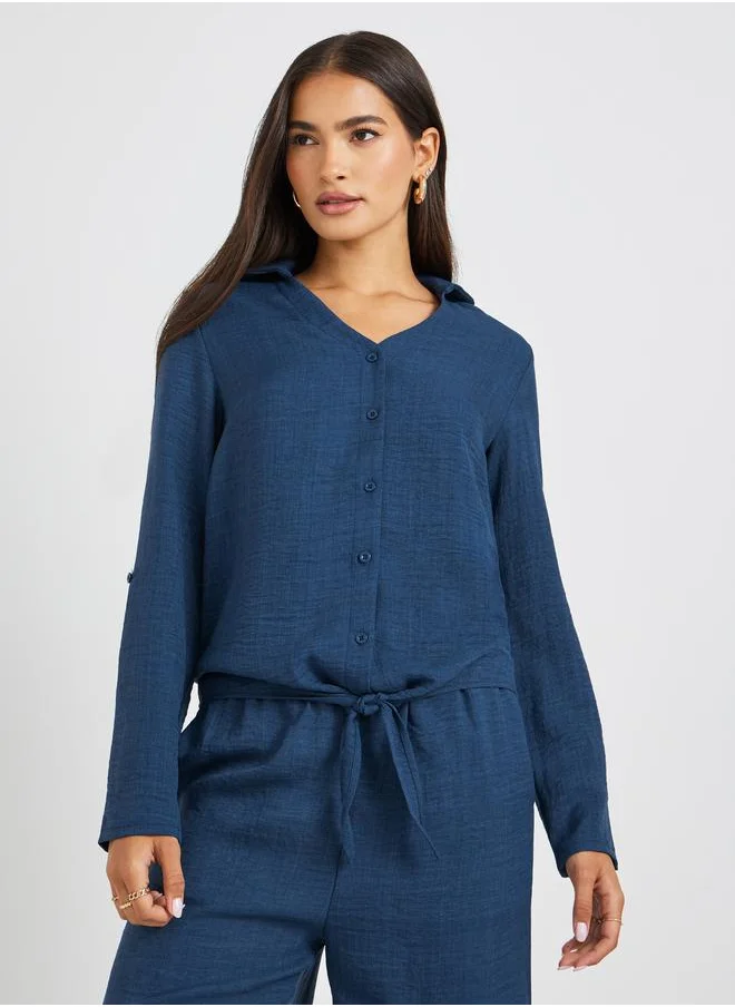ستايلي Styli Solid V-Neck Buttoned Regular Fit Shirt
