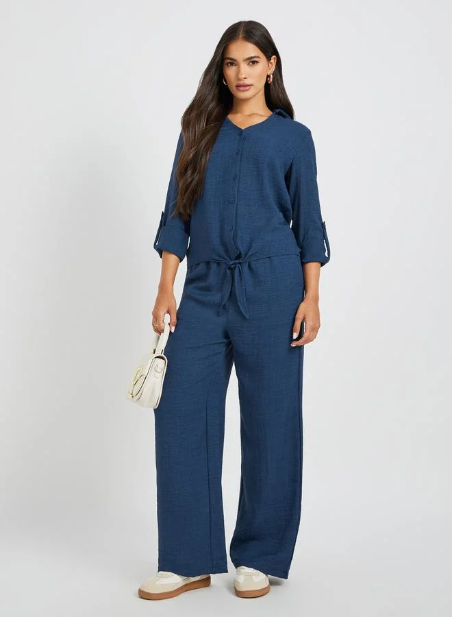 Styli Solid V-Neck Buttoned Regular Fit Shirt
