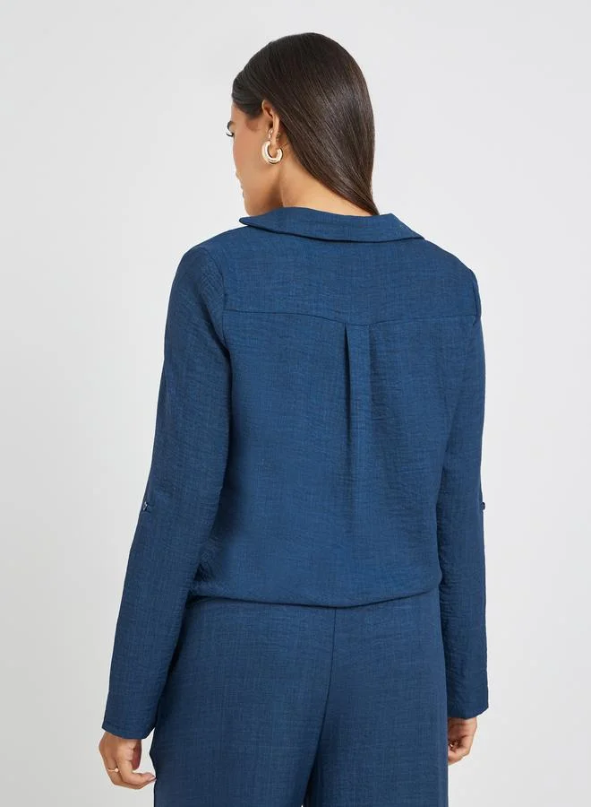 Styli Solid V-Neck Buttoned Regular Fit Shirt