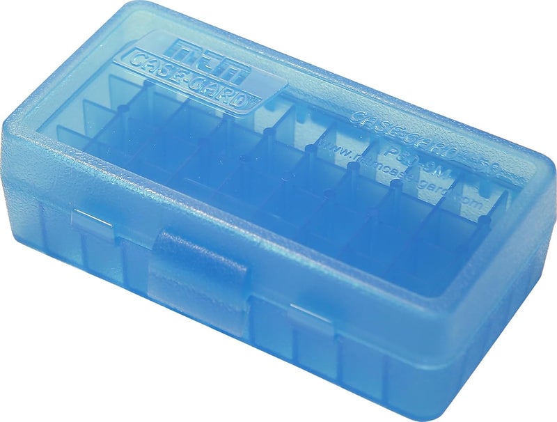 MTM P50-9M-24 Ammo Box 50 Round Flip-Top | Fits 380 ACP & 9MM Cal| Made of Polypropylene | Stackable, Snap Lock Latch | USA Made | Clear Blue - Image 1