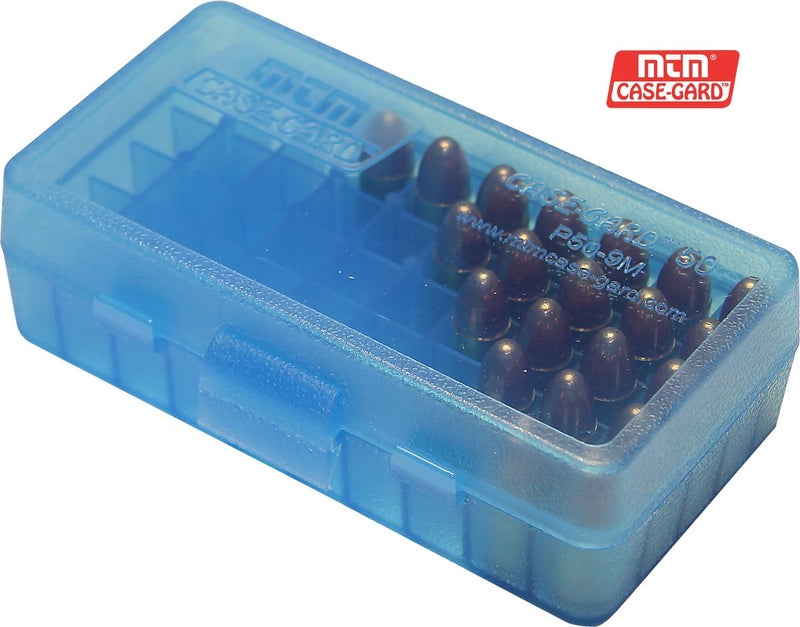 MTM P50-9M-24 Ammo Box 50 Round Flip-Top | Fits 380 ACP & 9MM Cal| Made of Polypropylene | Stackable, Snap Lock Latch | USA Made | Clear Blue - Image 4