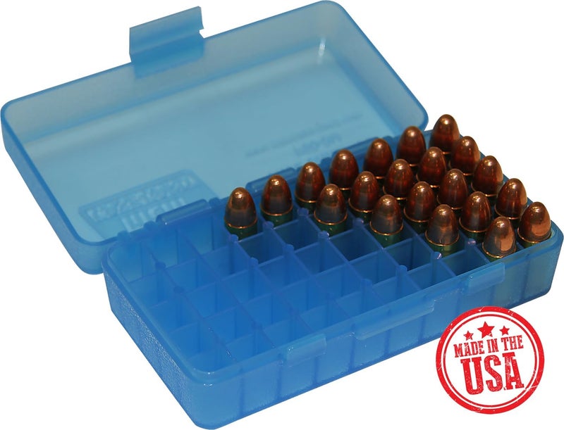MTM P50-9M-24 Ammo Box 50 Round Flip-Top | Fits 380 ACP & 9MM Cal| Made of Polypropylene | Stackable, Snap Lock Latch | USA Made | Clear Blue - Image 2