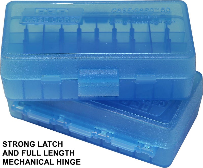 MTM P50-9M-24 Ammo Box 50 Round Flip-Top | Fits 380 ACP & 9MM Cal| Made of Polypropylene | Stackable, Snap Lock Latch | USA Made | Clear Blue - Image 3