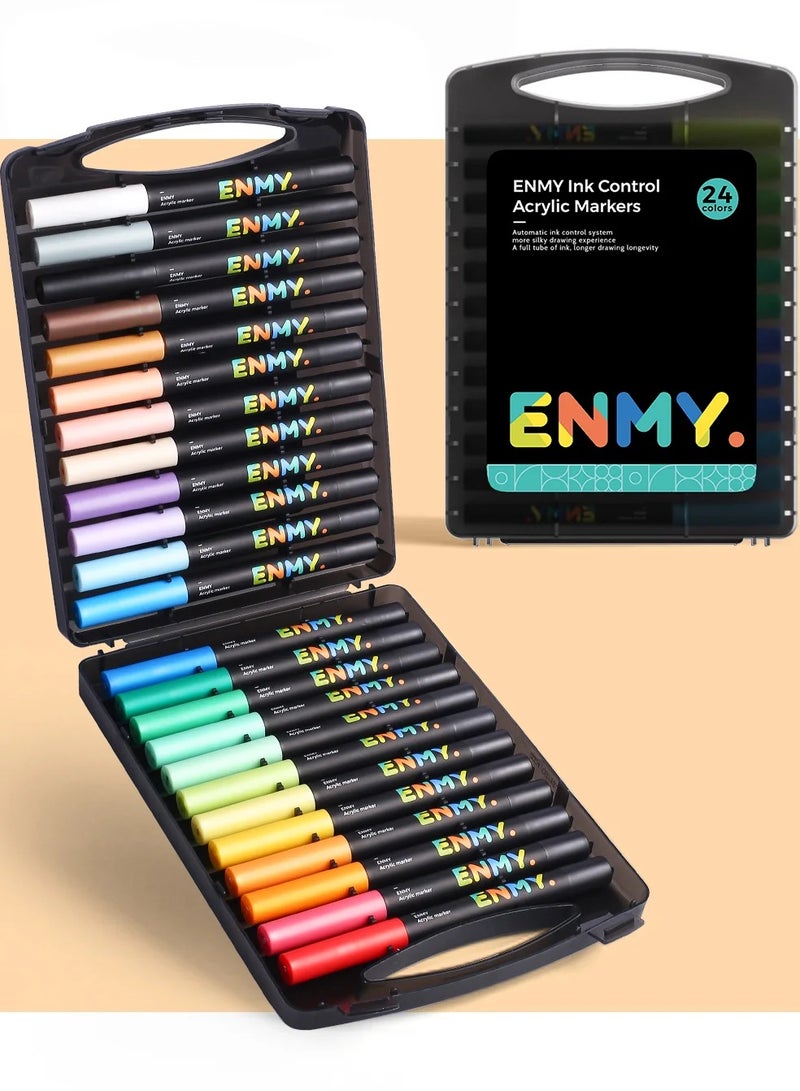 العدو مجموعة أقلام تلوين أكريليك سائلة مباشرة من ENMY – 24 لونًا زاهيًا لأعمال الرسم على القماش، الحجر، الزجاج، الخشب، الورق والنسيج | تدفق حبر ثابت، صبغات غنية، تدوم طويلًا، آمنة للأطفال، قابلة للغسل - Image 1