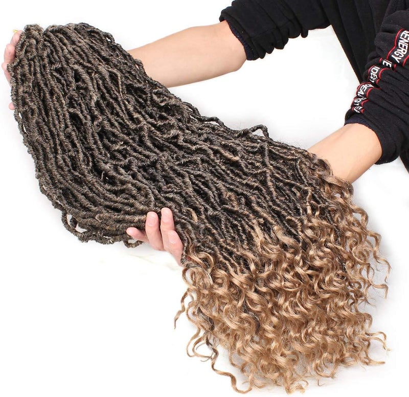 Leeven 7 Packs Ombre Brown Goddess New Faux Locs Crochet Braids Hair With Curly Ends Pre looped 24 Inch Long Soft Locs Hair for Women 12 Strands/Pack Curly Wavy Goddess Locs Braiding Hair (T27#) - Image 2