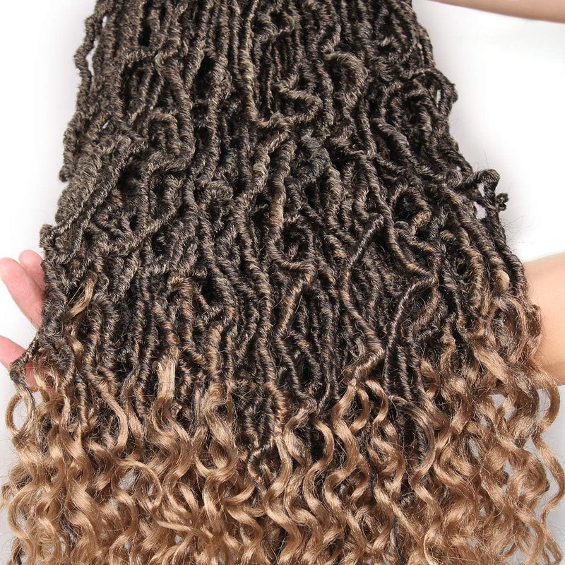 Leeven 7 Packs Ombre Brown Goddess New Faux Locs Crochet Braids Hair With Curly Ends Pre looped 24 Inch Long Soft Locs Hair for Women 12 Strands/Pack Curly Wavy Goddess Locs Braiding Hair (T27#) - Image 5
